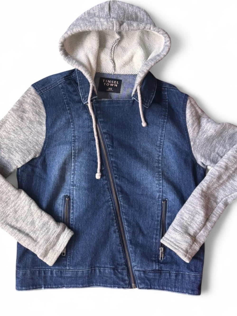 Tinsel Town Denim Jacket with Grey Hoodie Sleeves